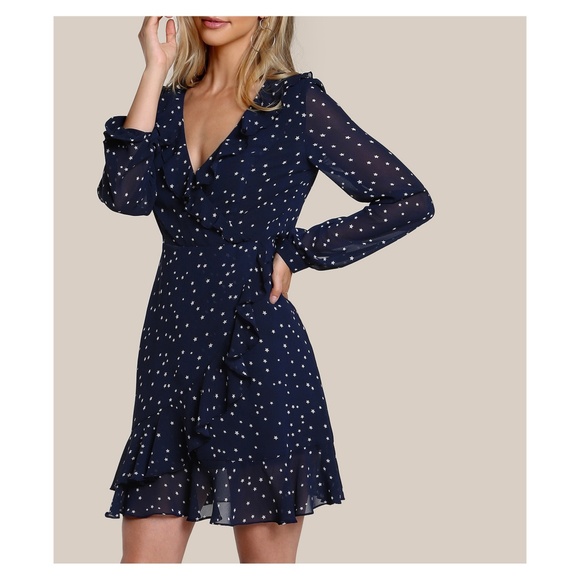 ❗️Blue White Stars Long Sleeve Frilled Wrap Dress - Picture 2 of 8